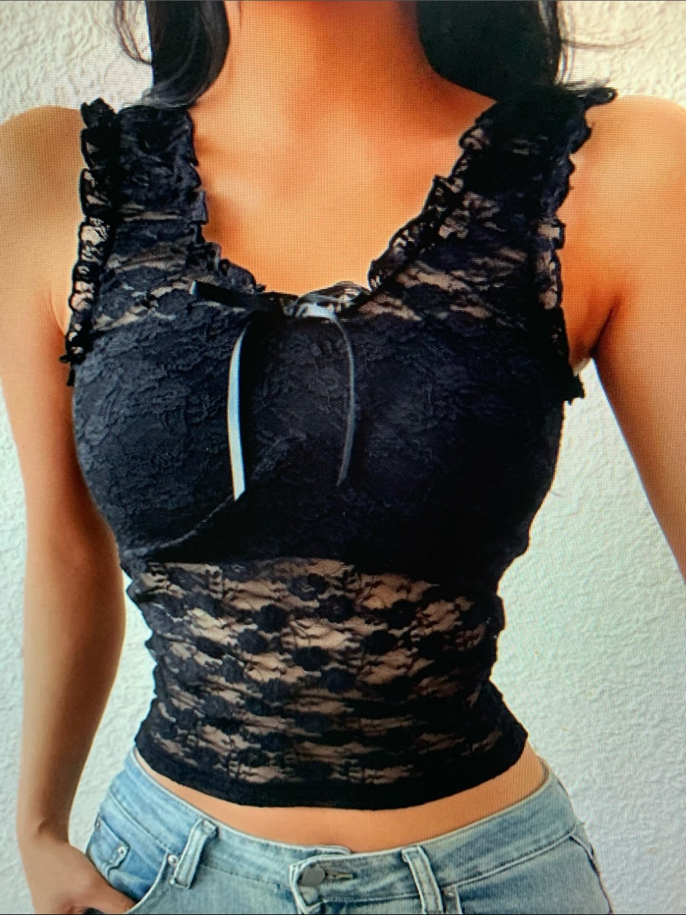 Black Lace Crop Tank Top with Bow - Women Tops - Picture 2 of 5